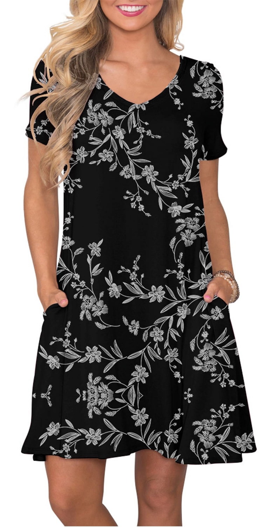 Horizon Picks Women's V-Neck Short Sleeve Swing Dress with Pockets, Above the Knee