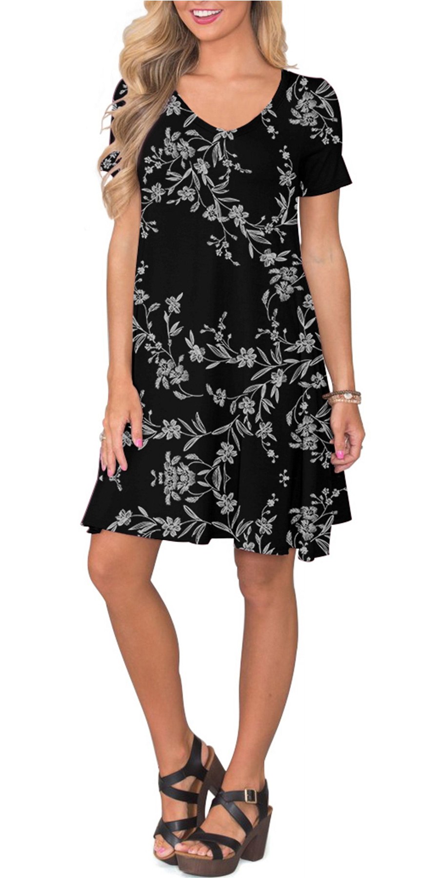 Horizon Picks Women's V-Neck Short Sleeve Swing Dress with Pockets, Above the Knee - Image 3