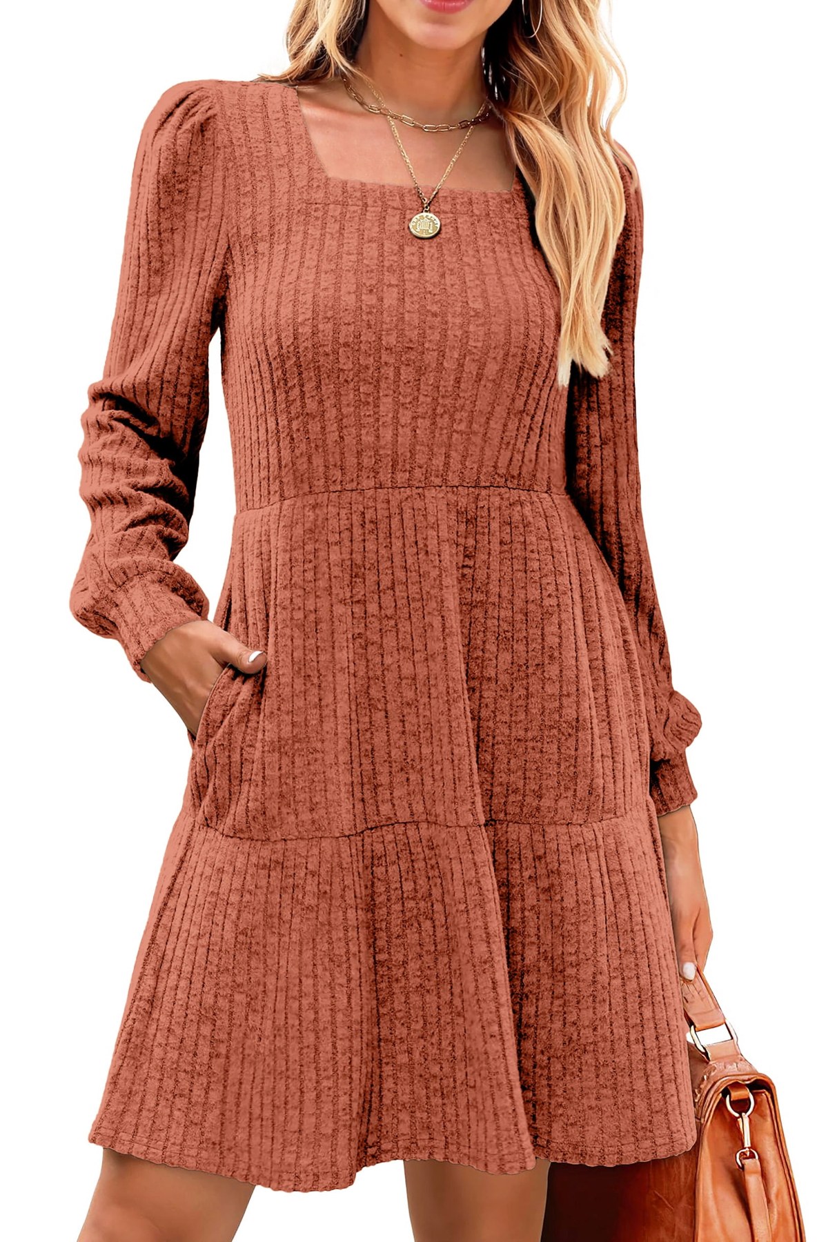 Horizon Picks Women's Square Neck Puff Long Sleeve Knit Babydoll Dress, Above the Knee