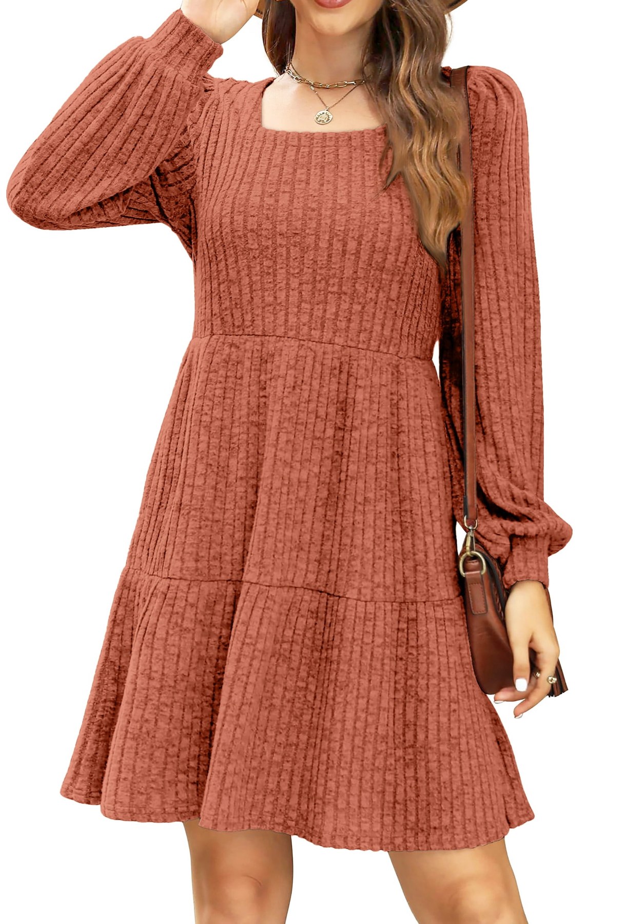 Alternative view of Horizon Picks Women's Square Neck Puff Long Sleeve Knit Babydoll Dress, Above the Knee