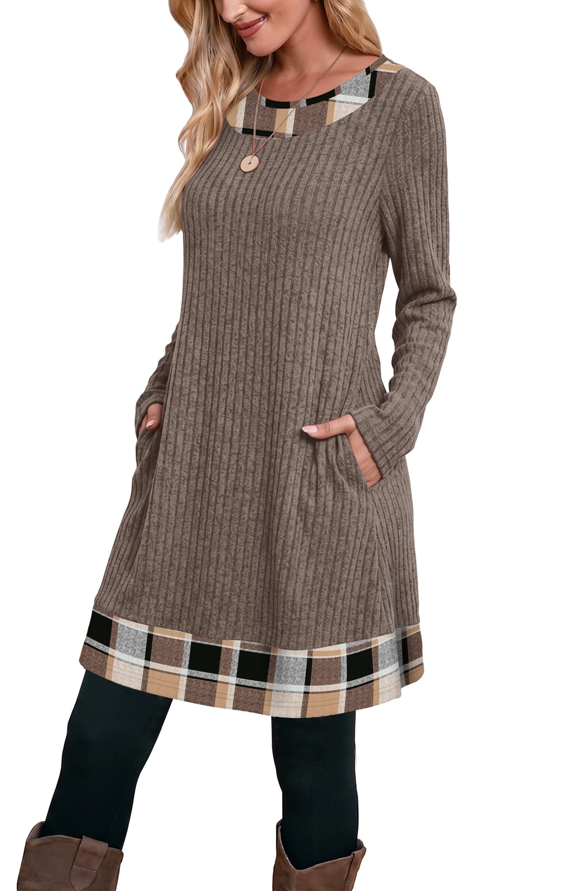 Alternative view of Horizon Picks Women's Ribbed Knit Long Sleeve Tunic Sweater Dress with Plaid Trim