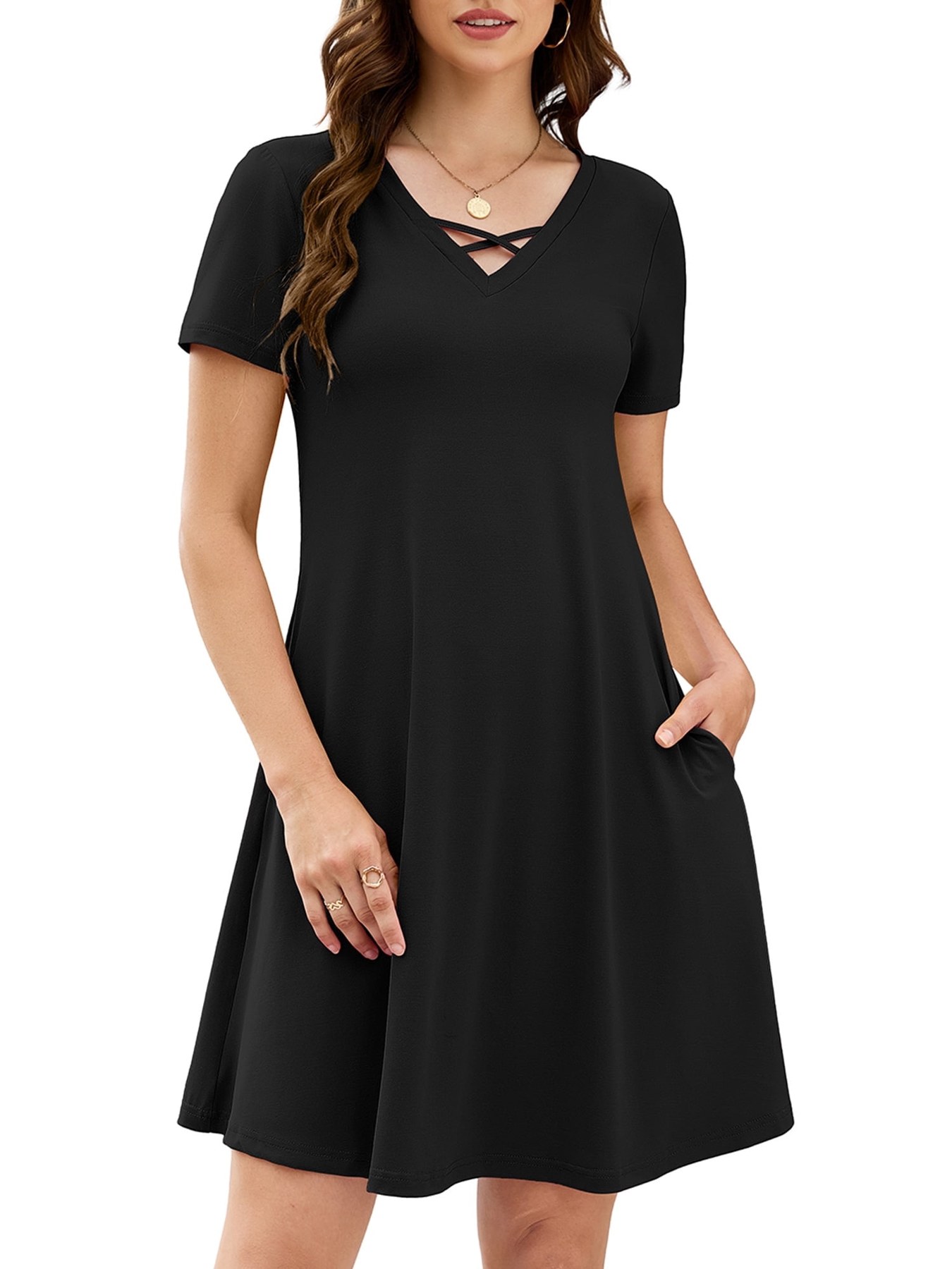 Horizon Picks Women's Crisscross V-Neck Cap Sleeve Swing T-Shirt Dress with Pockets