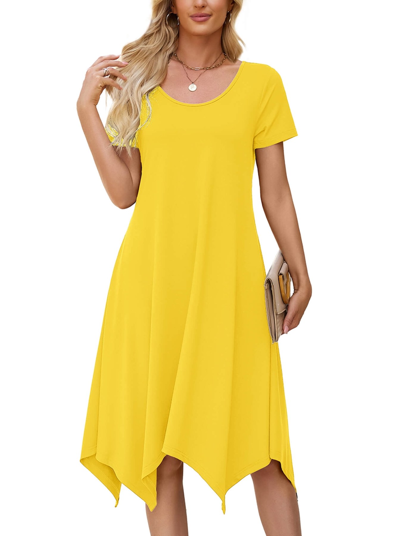 Horizon Picks Women's Handkerchief Hem Cap Sleeve Swing T-Shirt Dress with Pockets