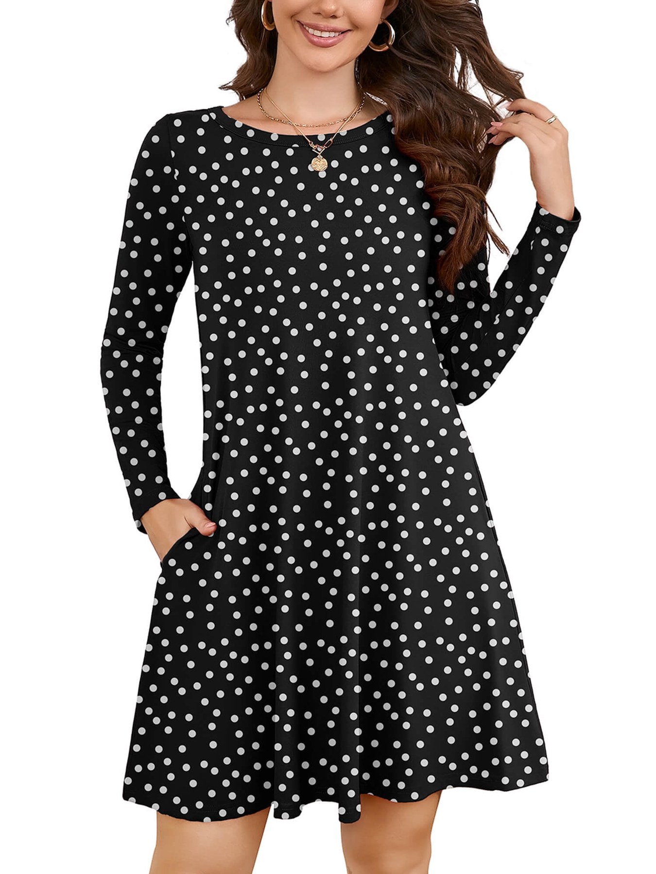 Horizon Picks Women's Long Sleeve Loose Swing Tunic Dress with Pockets, Polka Dot Black