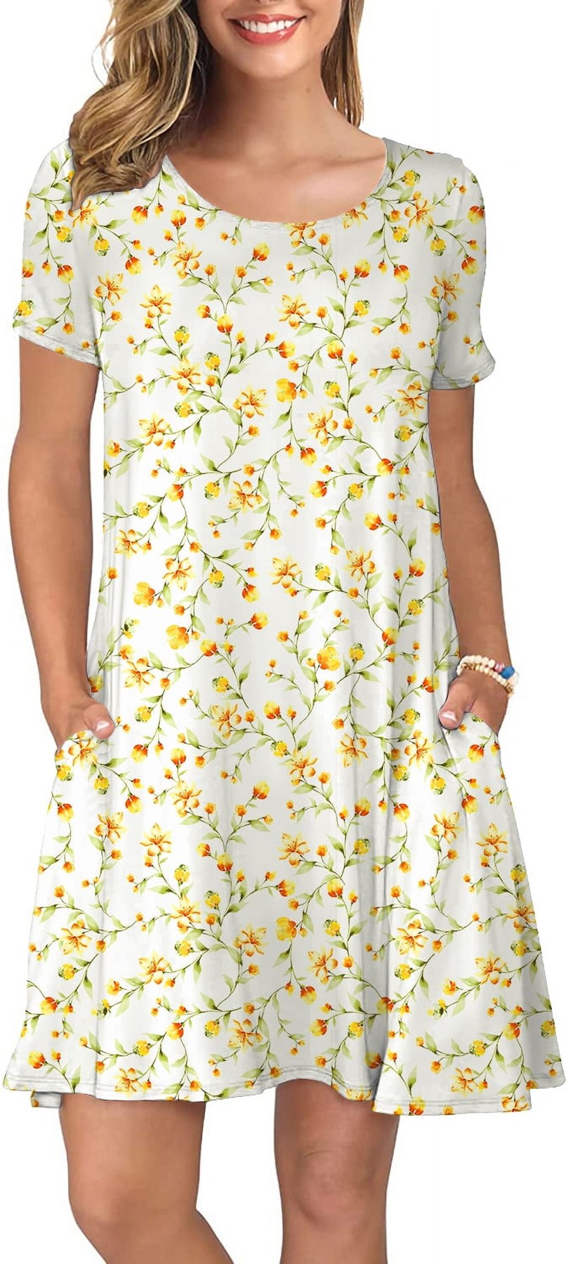 Horizon Picks Women's Scoop Neck Short Sleeve Swing T-Shirt Dress with Pockets, Rayon Blend
