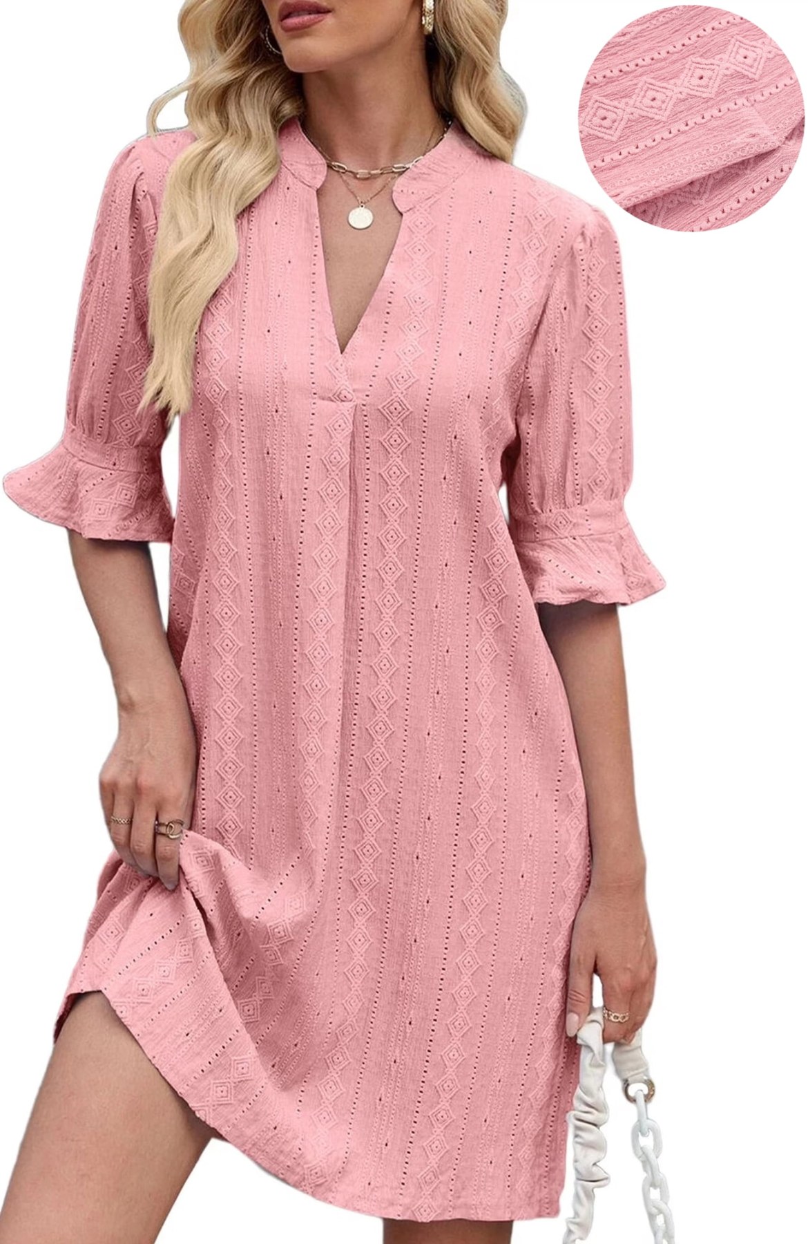 Alternative view of Horizon Picks Women's Ruffle Puff Sleeve V-Neck Loose T-Shirt Dress, Dark Pink