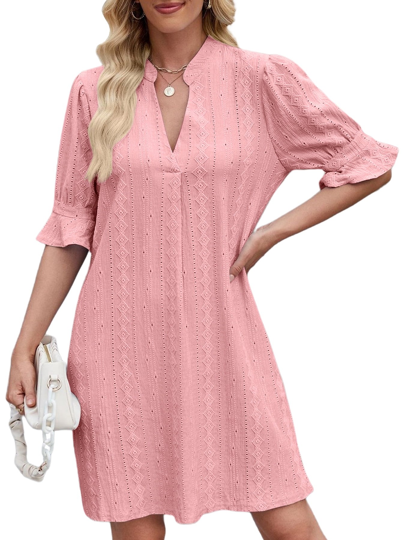 Horizon Picks Women's Ruffle Puff Sleeve V-Neck Loose T-Shirt Dress, Dark Pink