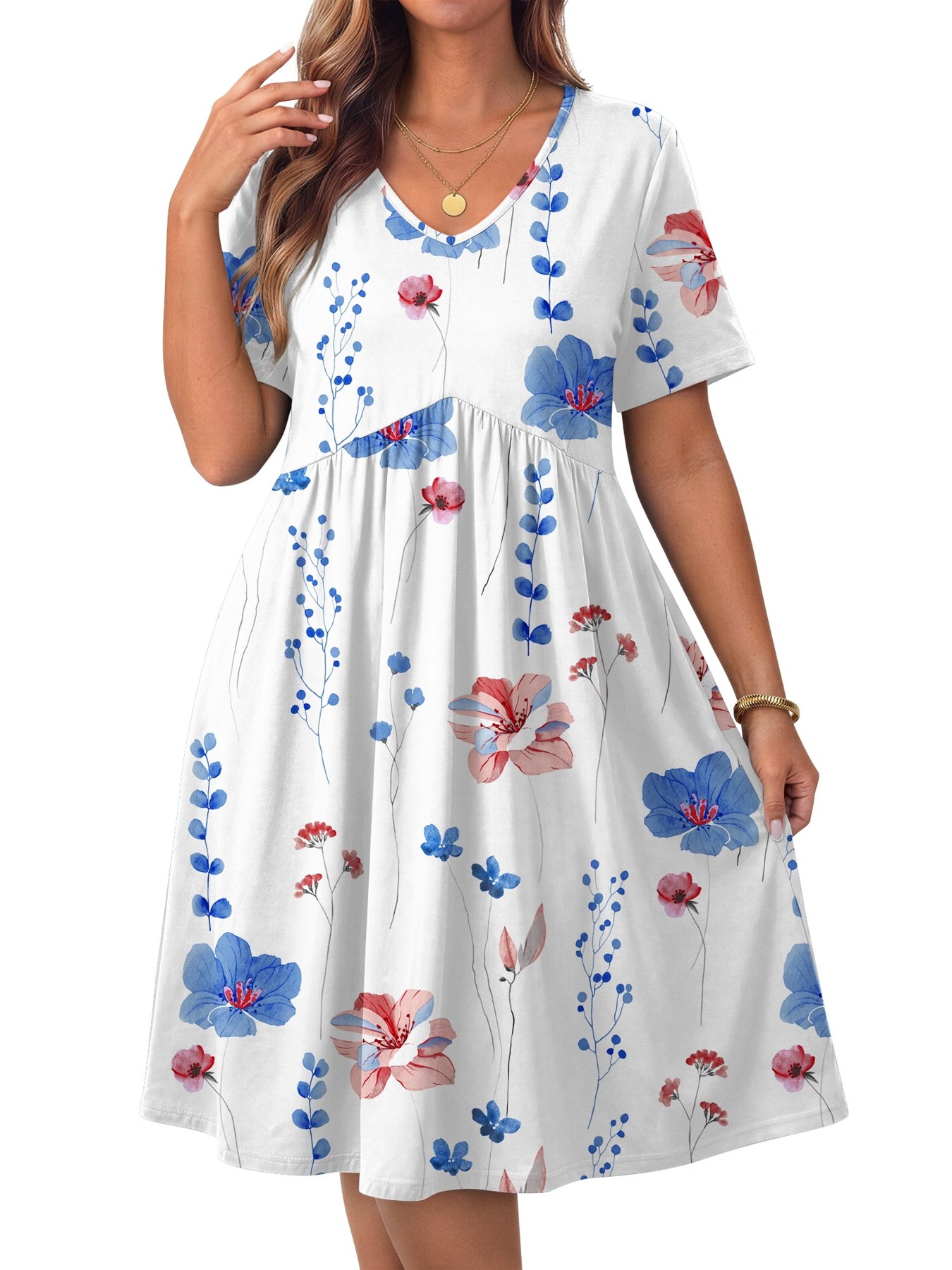 Horizon Picks Women's Plus Size V-Neck Short Sleeve A-Line Sundress with Pockets, L to 4XL