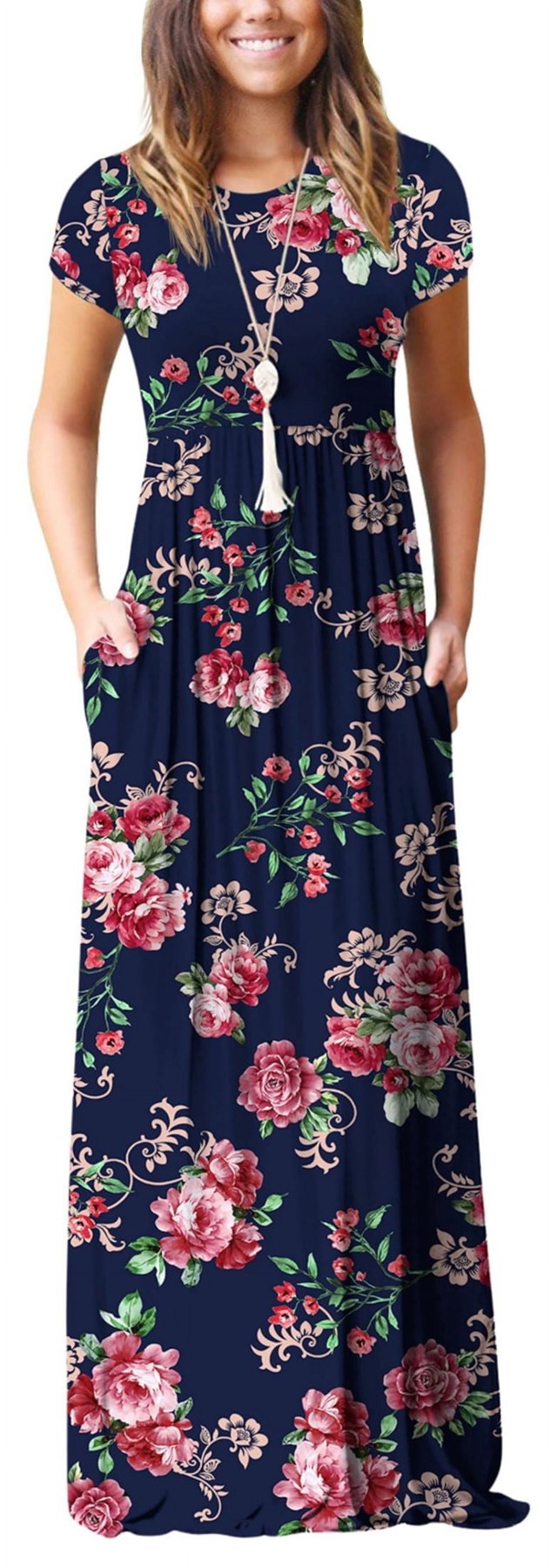 Horizon Picks Women's Short Sleeve Maxi Dress with Pockets, Elastic Waist, Rayon Blend