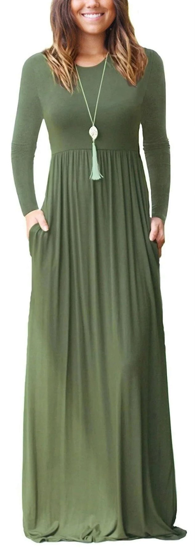 Horizon Picks Women's Long Sleeve Maxi Dress with Pockets, Elastic Waist, Rayon Blend