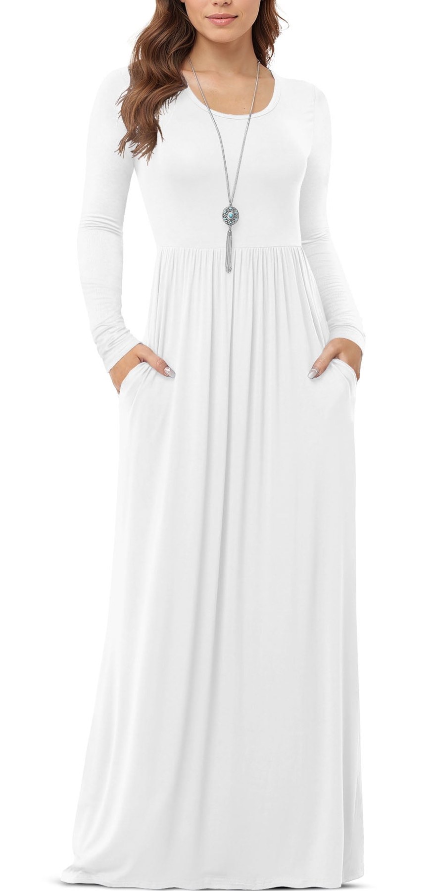 Horizon Picks Women's Long Sleeve Fit and Flare Maxi Dress with Pockets, White
