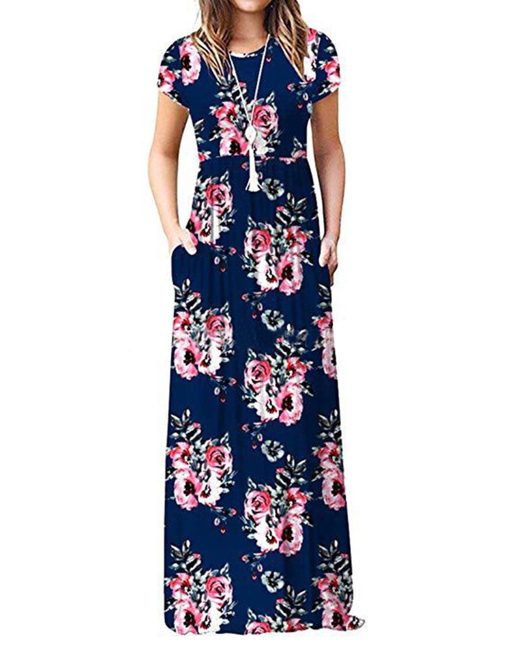 Horizon Picks Women's Cotton Blend Short Sleeve Floral Maxi Sundress with Pockets