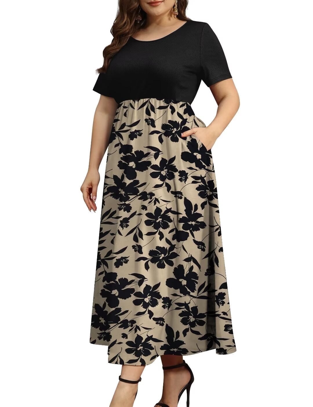 Horizon Picks Women's Ribbed Top Color Block Maxi Dress with Pockets, Short Sleeve