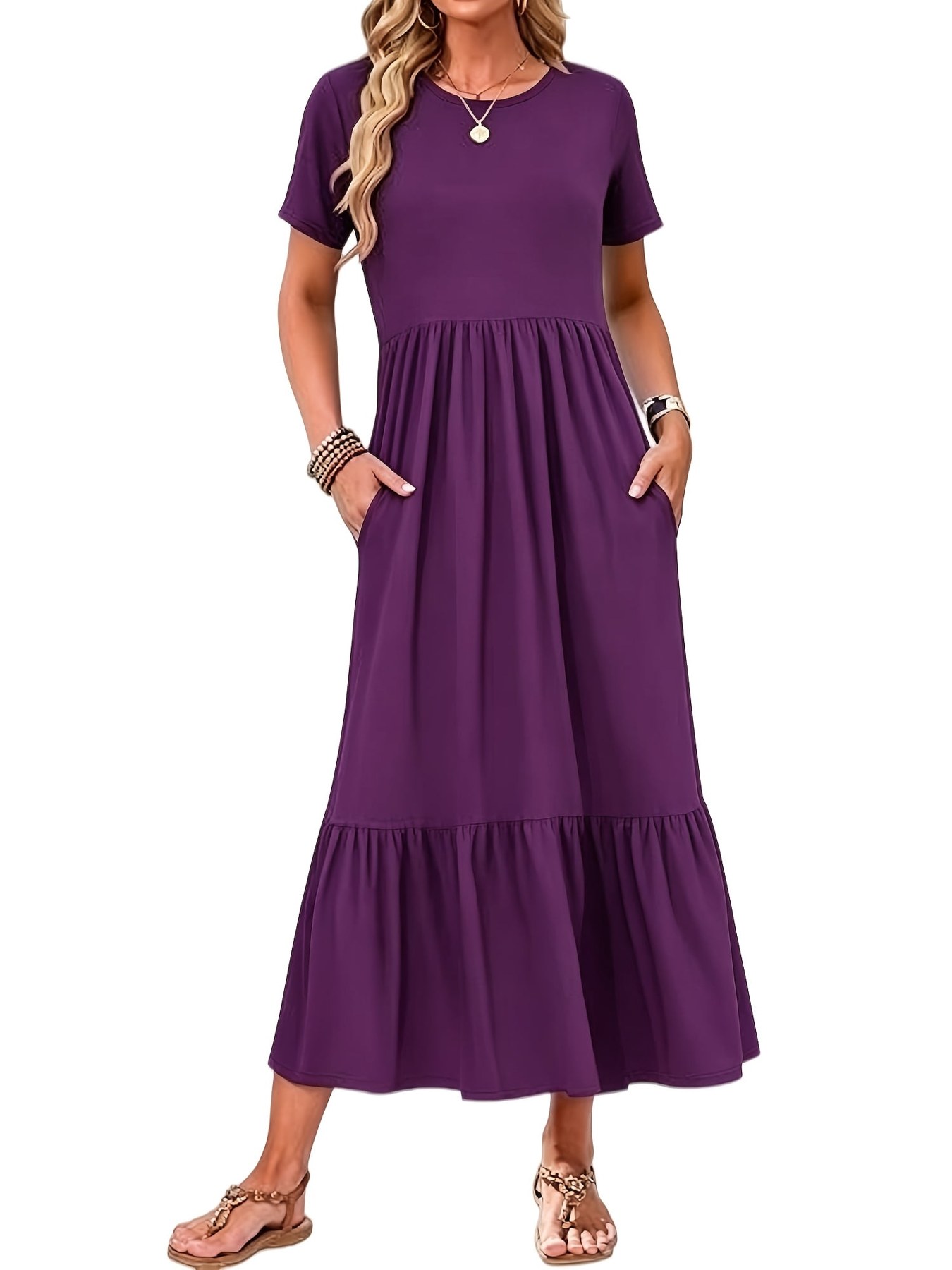 Horizon Picks Women's Flutter Sleeve High Waist Maxi Dress with Tiered Hem and Pockets