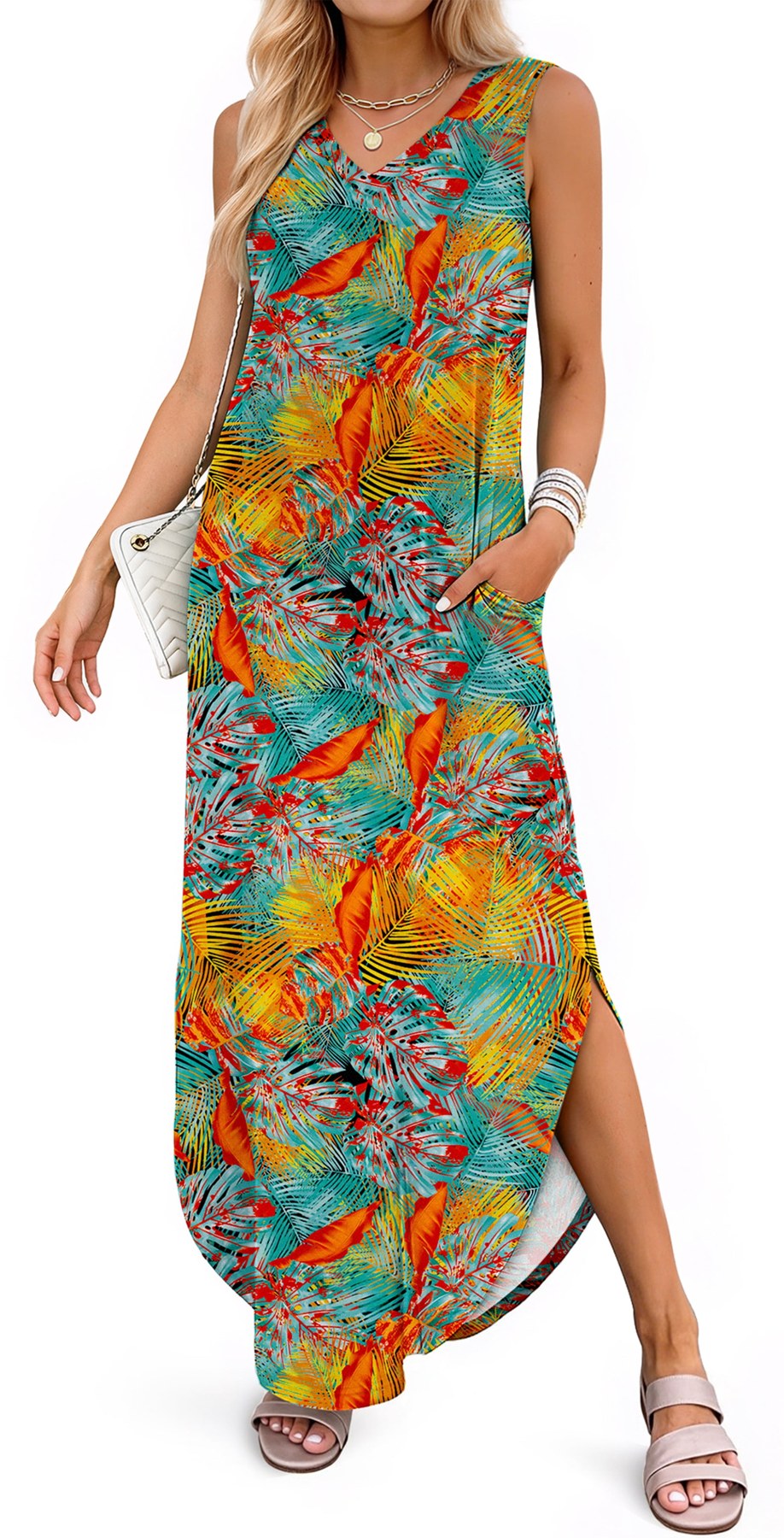 Horizon Picks Women's V-Neck Tank Maxi Dress with Side Slit and Pockets, Printed