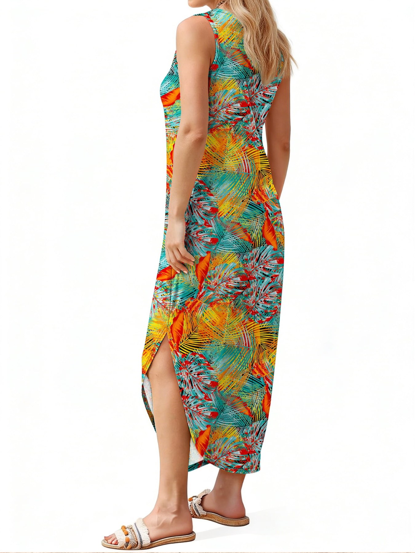 Horizon Picks Women's V-Neck Tank Maxi Dress with Side Slit and Pockets, Printed - Image 3