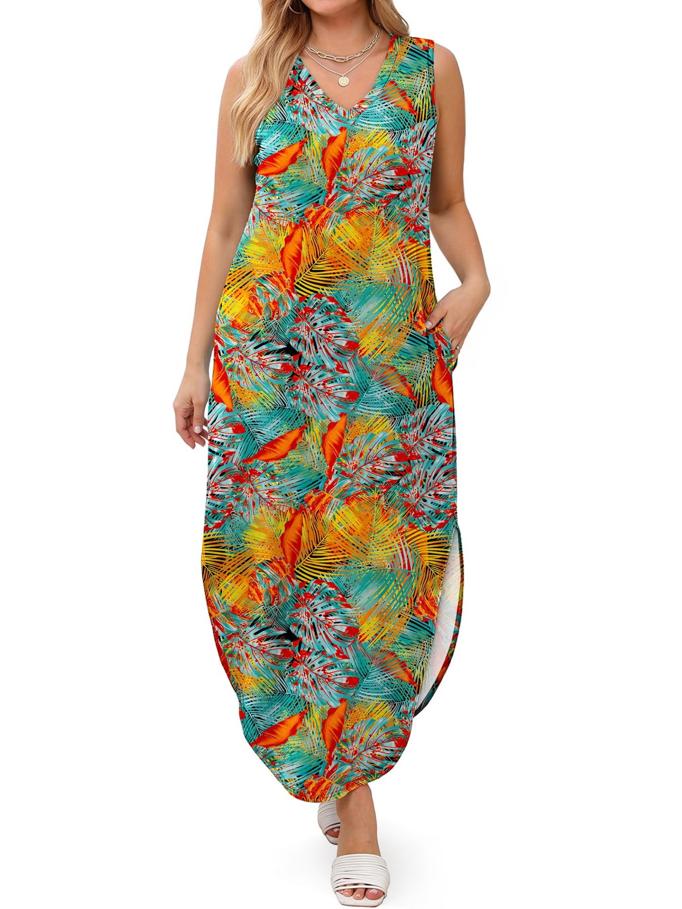 Horizon Picks Women's V-Neck Tank Maxi Dress with Side Slit and Pockets, Printed - Image 4