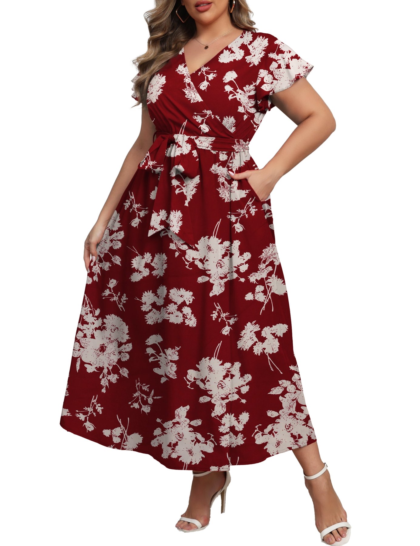 Horizon Picks Women's Plus Size Floral Butterfly Sleeve V-Neck Maxi Dress with Waist Tie