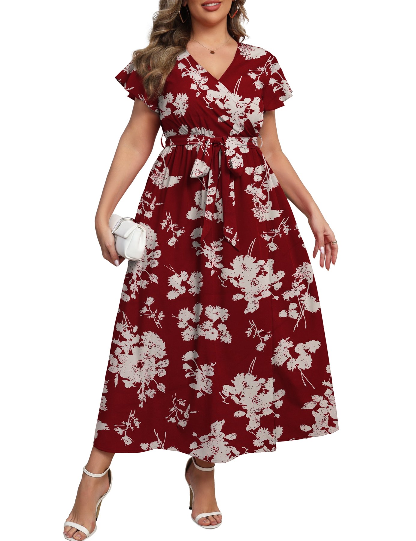 Alternative view of Horizon Picks Women's Plus Size Floral Butterfly Sleeve V-Neck Maxi Dress with Waist Tie
