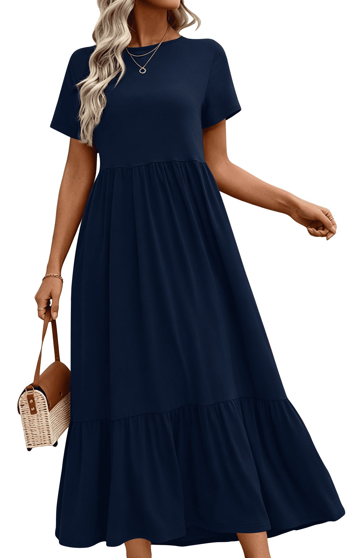 Horizon Picks Women's Crewneck Short Sleeve A-Line Maxi Dress with Pockets, Navy Blue