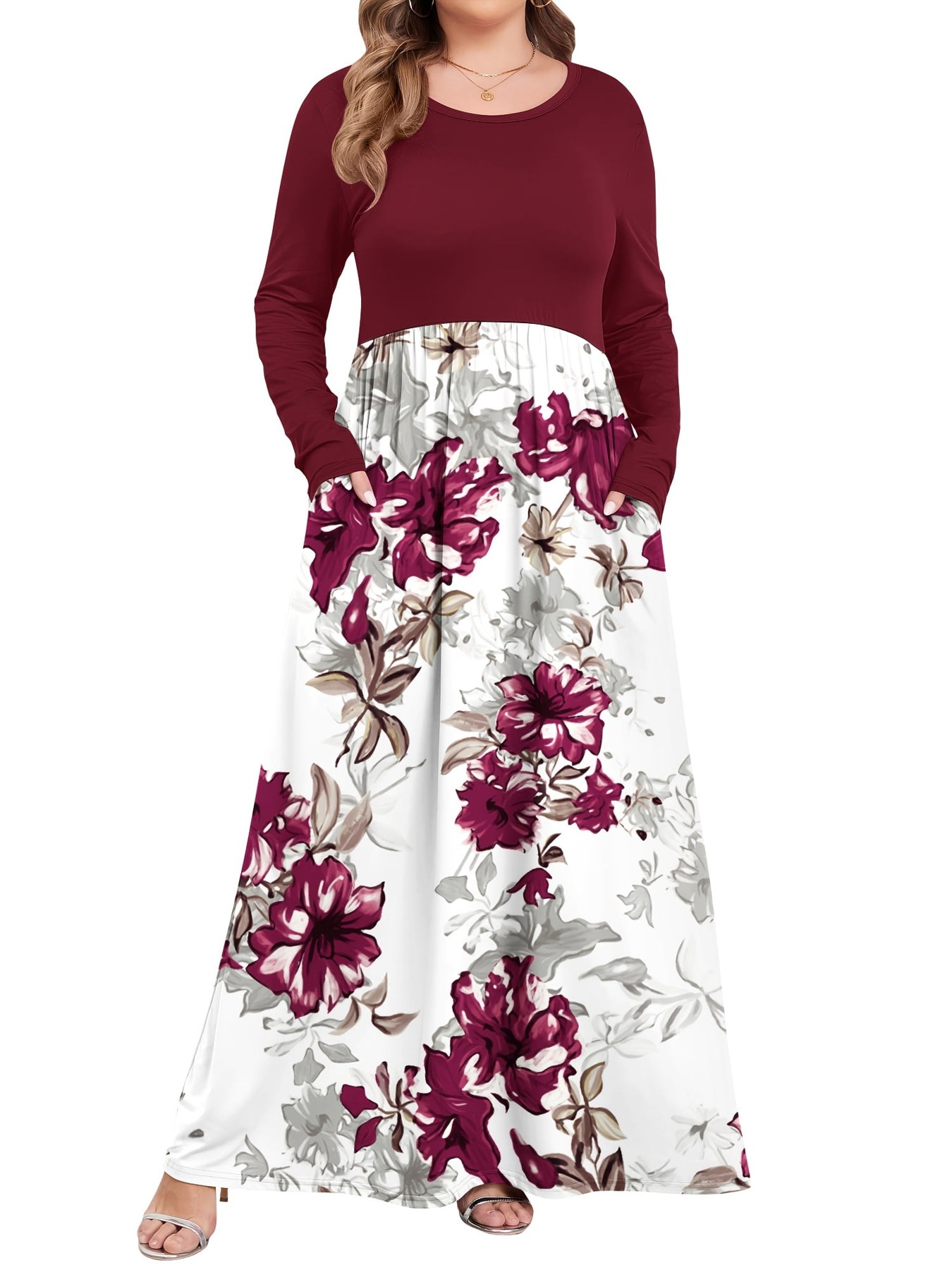 Horizon Picks Women's Plus Size Long Sleeve Pullover Maxi Dress with Pockets, XL to 5XL
