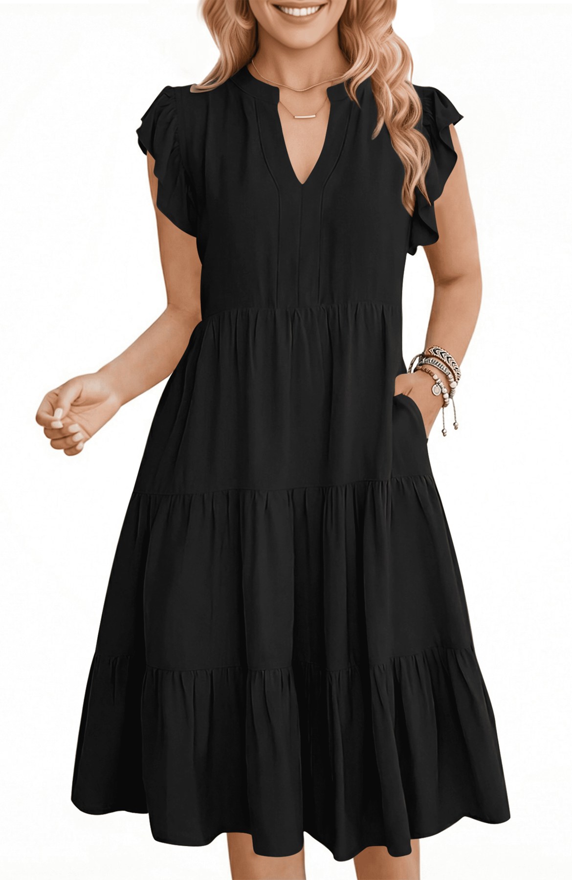 Horizon Picks Women's Ruffle Sleeve V-Neck Tiered Midi Dress with Pockets