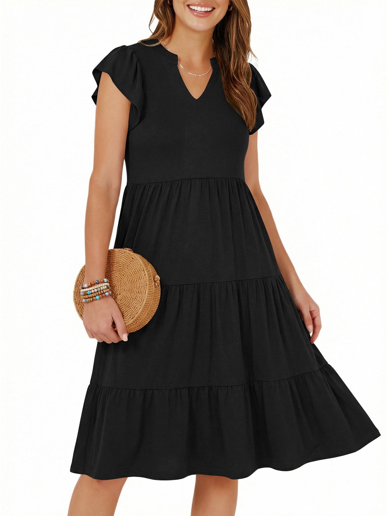 Alternative view of Horizon Picks Women's Ruffle Sleeve V-Neck Tiered Midi Dress with Pockets