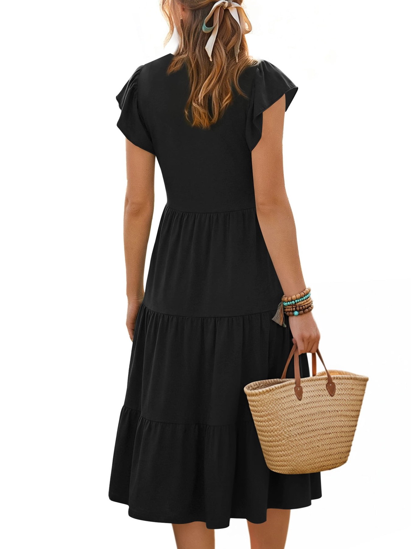 Horizon Picks Women's Ruffle Sleeve V-Neck Tiered Midi Dress with Pockets - Image 4