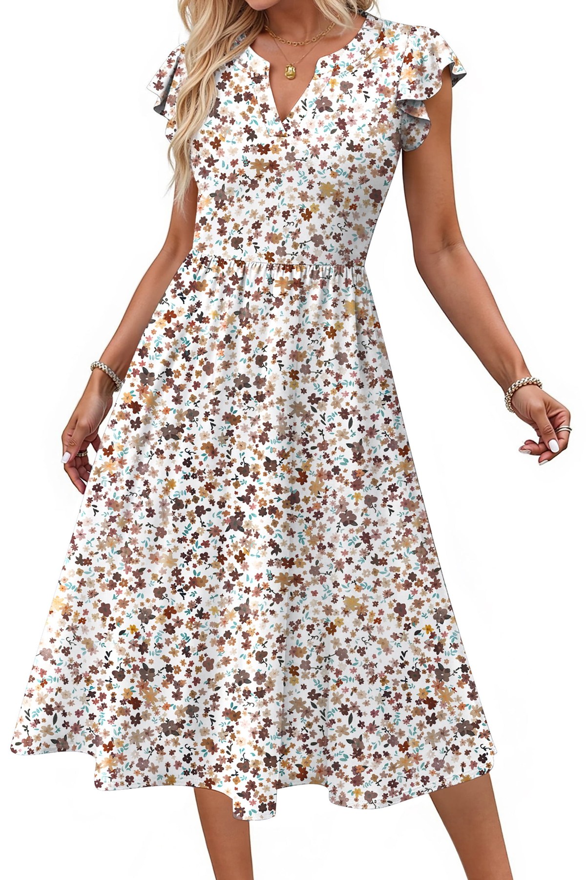 Horizon Picks Women's Flutter Sleeve V-Neck A-Line Midi Dress with Elastic Waist and Pockets
