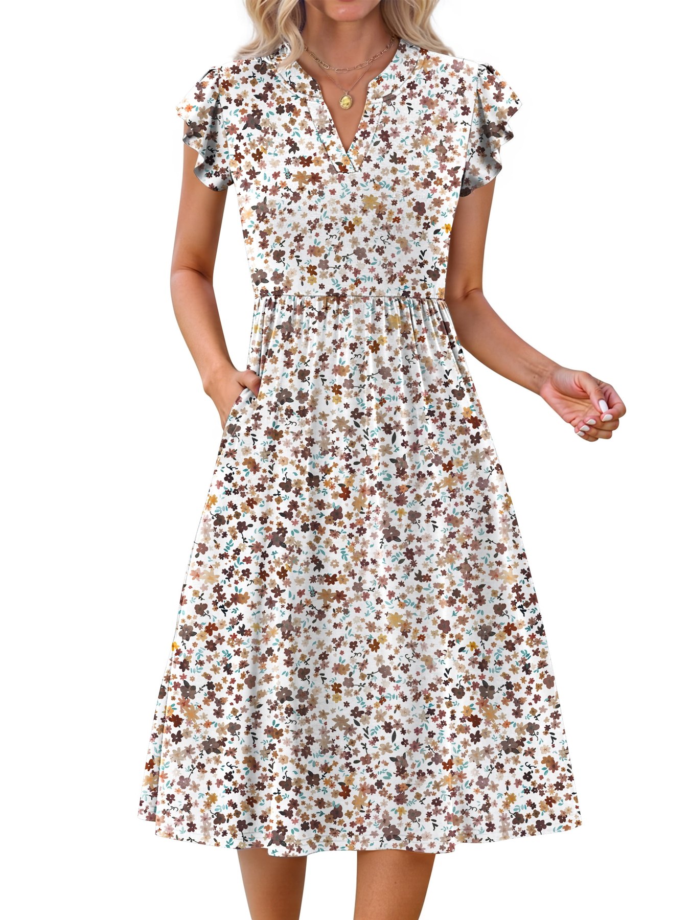 Horizon Picks Women's Flutter Sleeve V-Neck A-Line Midi Dress with Elastic Waist and Pockets - Image 3