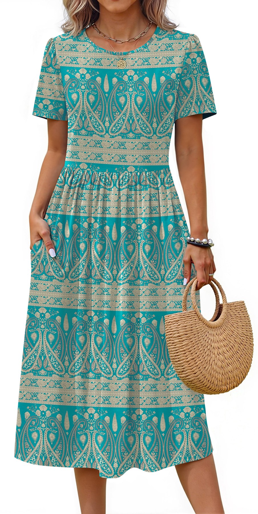 Horizon Picks Women's Crewneck Short Sleeve T-Shirt Midi Dress with Elastic Waist and Pockets