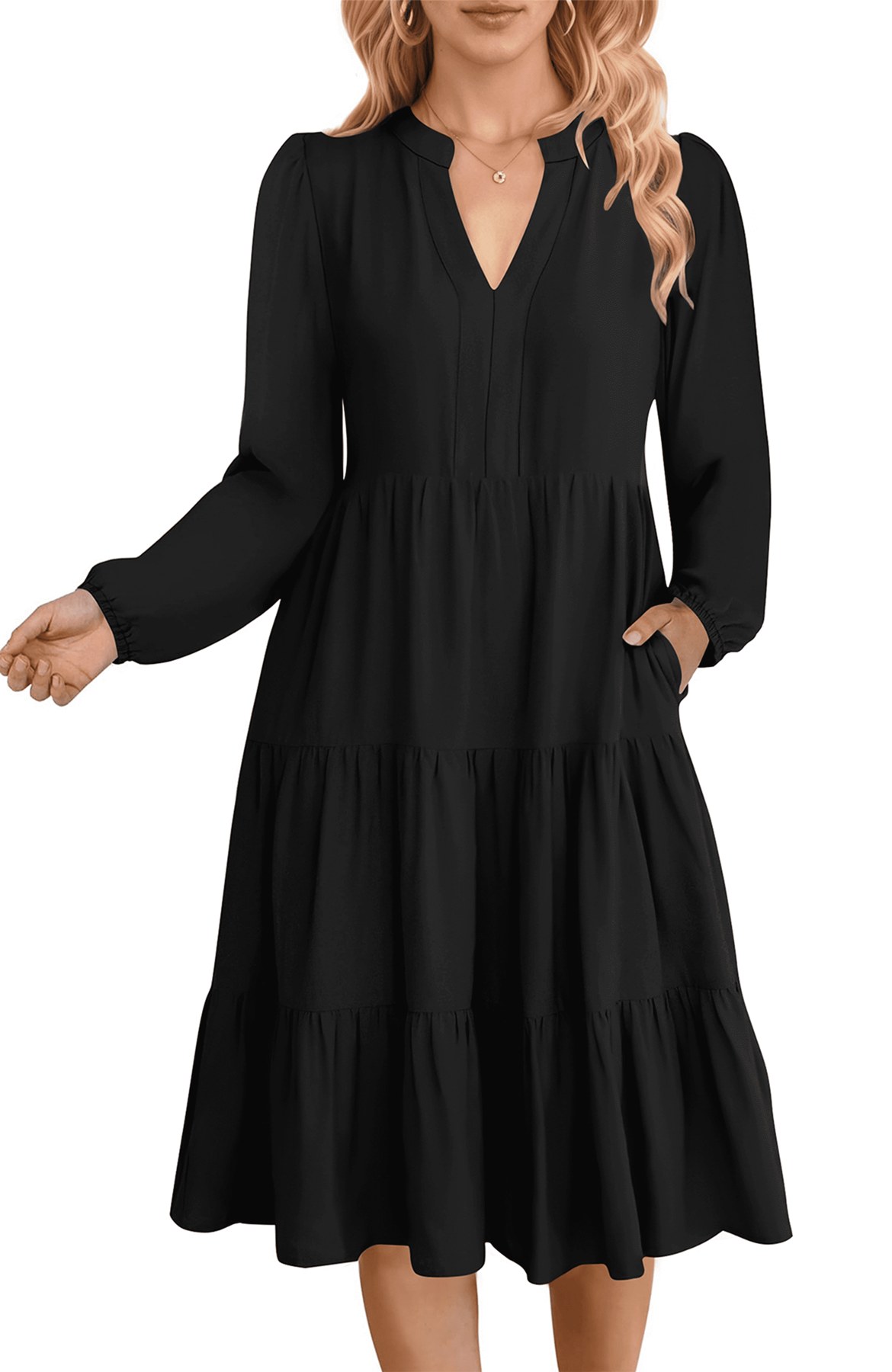 Horizon Picks Women's Long Sleeve V-Neck Tiered Swing Midi Dress with Pockets