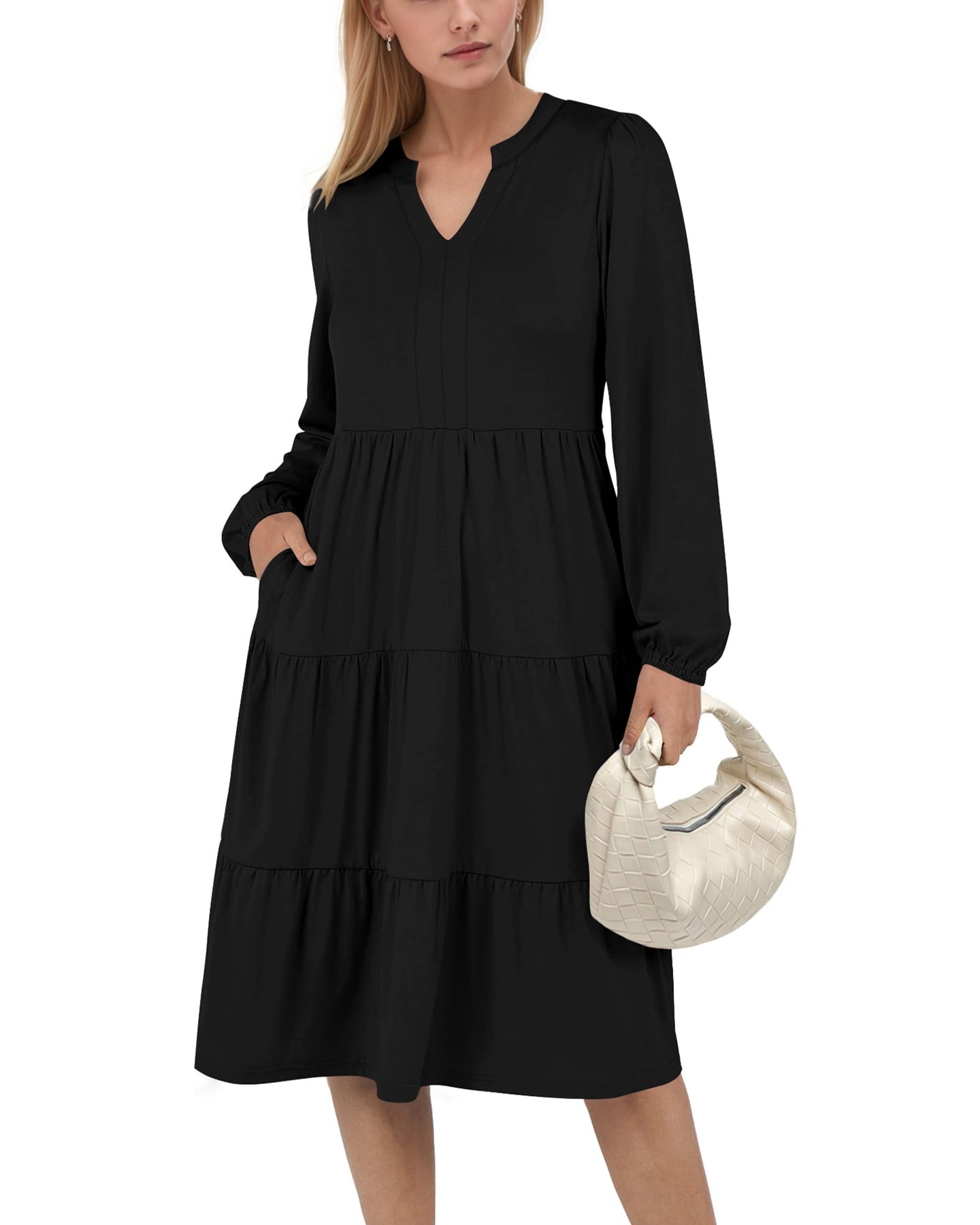 Alternative view of Horizon Picks Women's Long Sleeve V-Neck Tiered Swing Midi Dress with Pockets