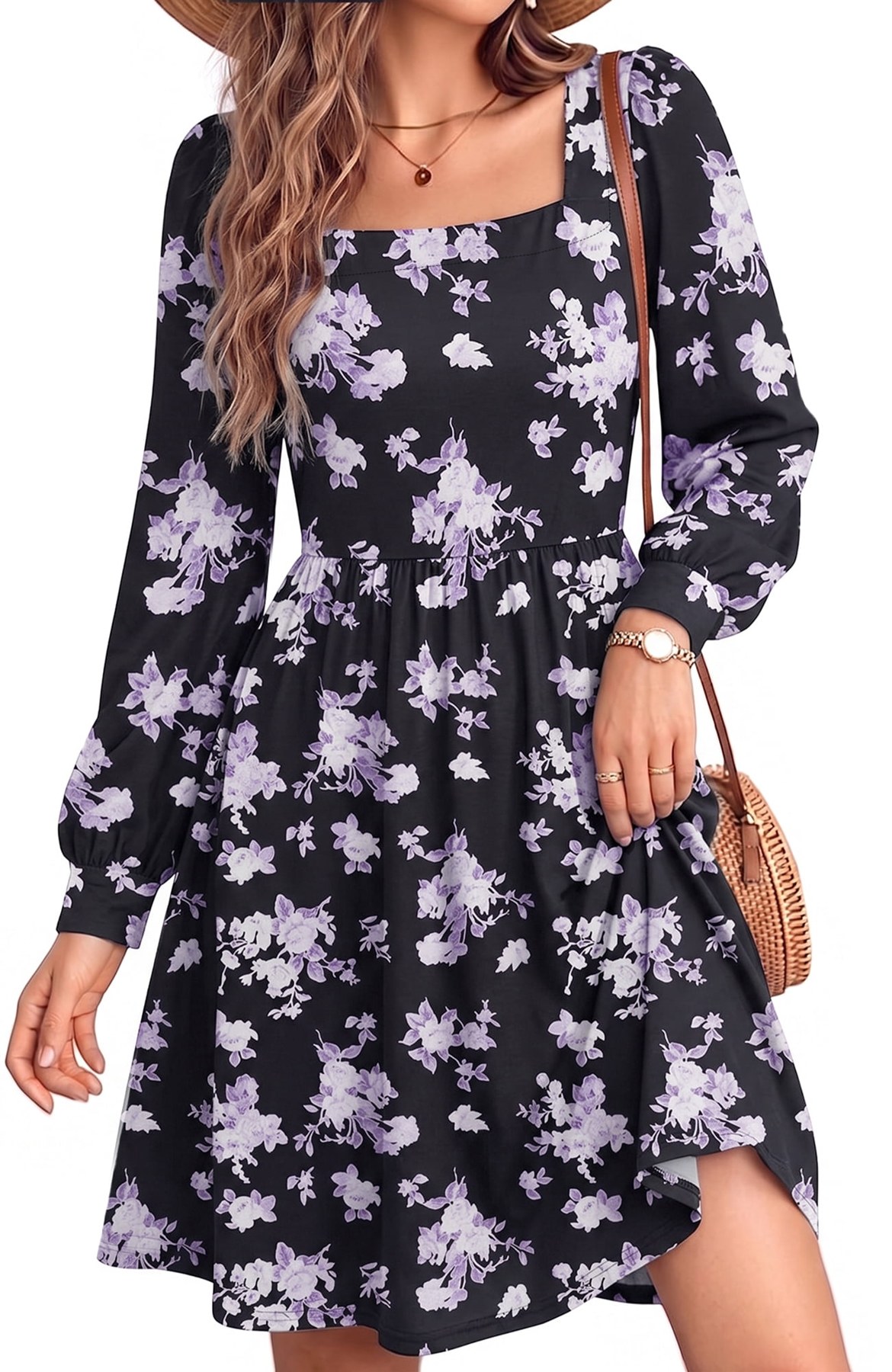 Horizon Picks Women's Long Sleeve Square Neck Knit Midi Dress with Pockets, Slim A-Line
