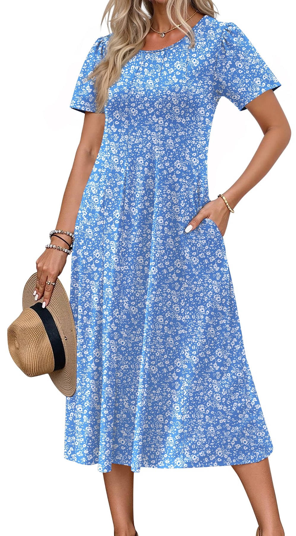Horizon Picks Women's Puff Sleeve Empire Waist Pleated Midi Dress with Pockets