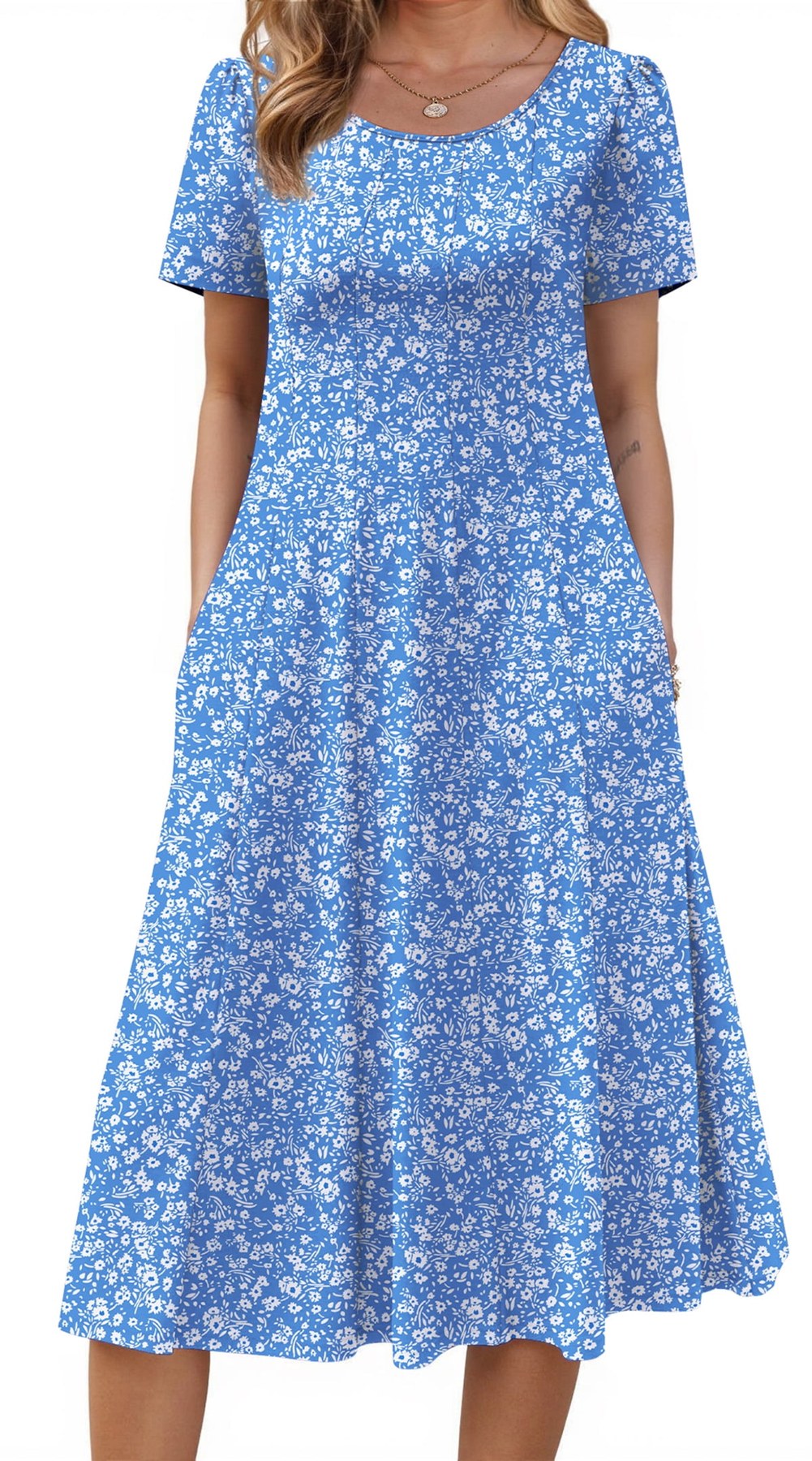 Alternative view of Horizon Picks Women's Puff Sleeve Empire Waist Pleated Midi Dress with Pockets