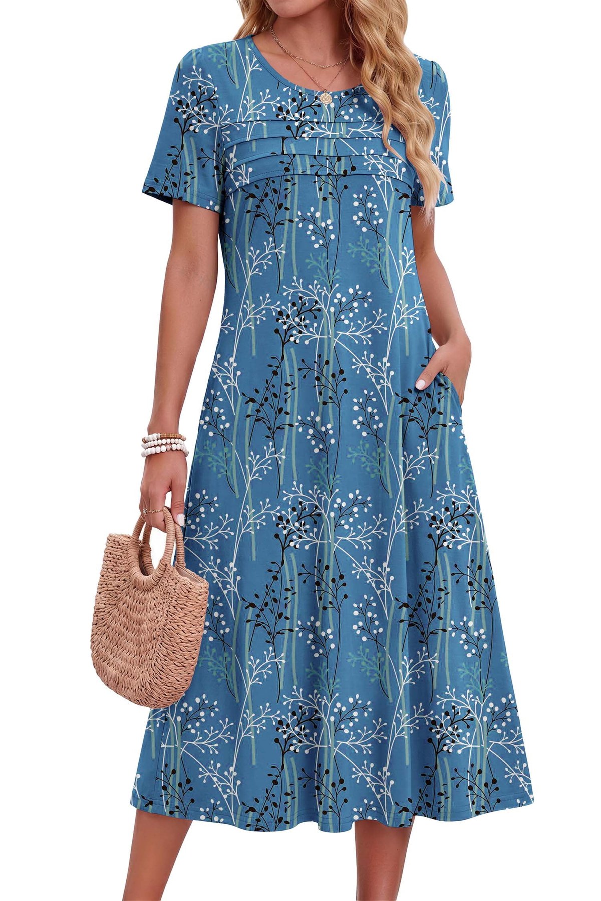 Horizon Picks Women's Smocked Chest Puff Sleeve A-Line Midi Dress with Pockets
