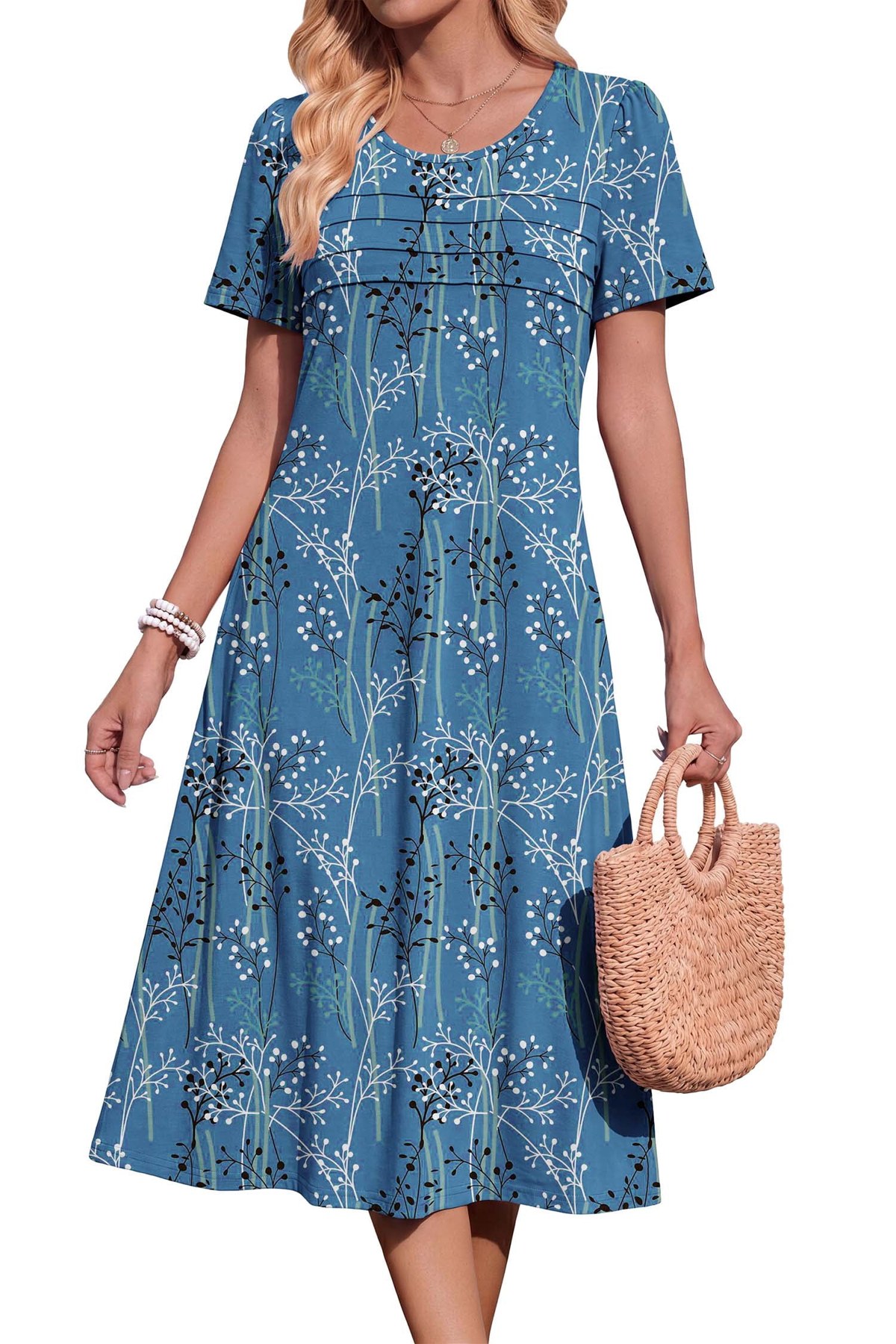 Horizon Picks Women's Smocked Chest Puff Sleeve A-Line Midi Dress with Pockets - Image 3