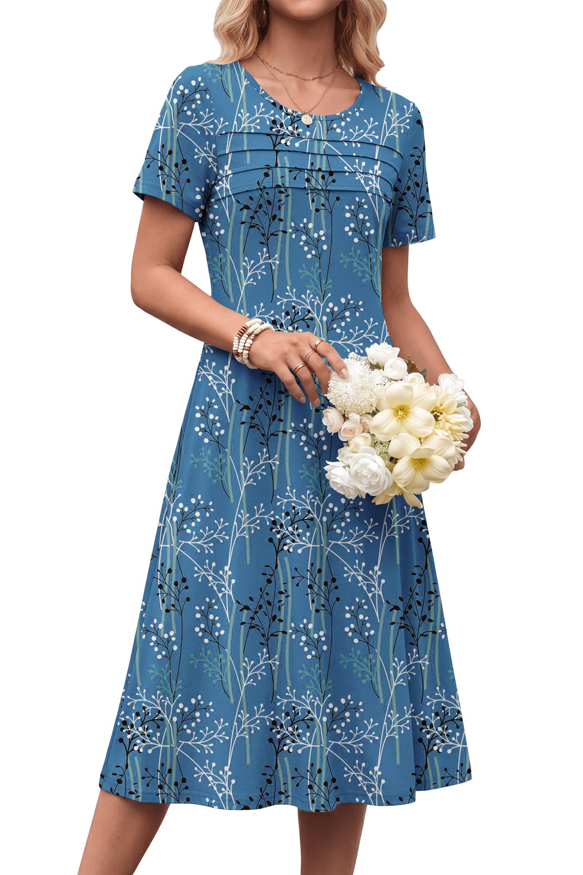 Horizon Picks Women's Smocked Chest Puff Sleeve A-Line Midi Dress with Pockets - Image 4