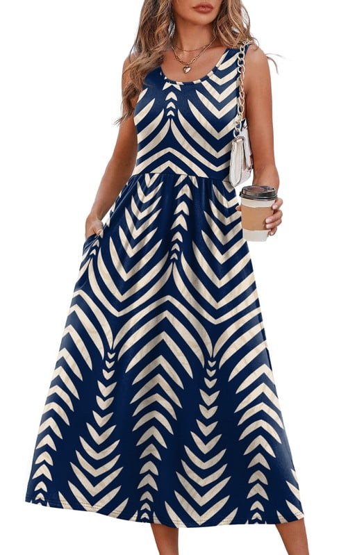Horizon Picks Women's Sleeveless Scoop Neck A-Line Midi Sundress with Pockets