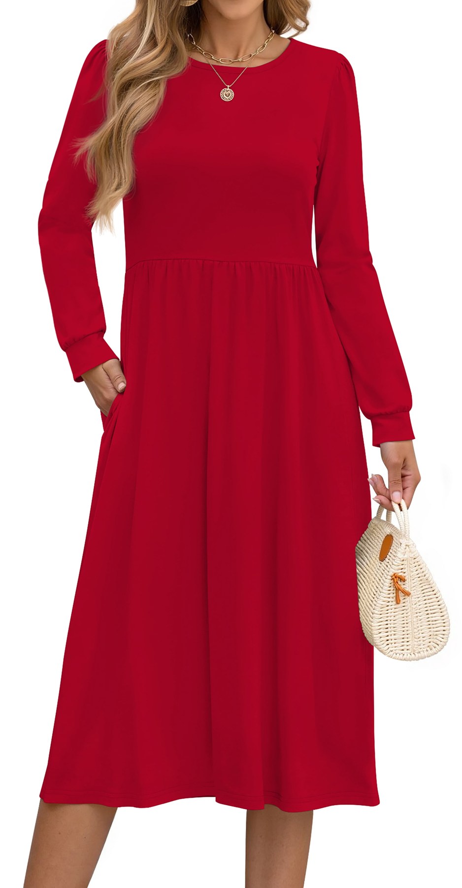 Horizon Picks Women's Long Puff Sleeve Empire Waist A-Line Midi Dress with Pockets