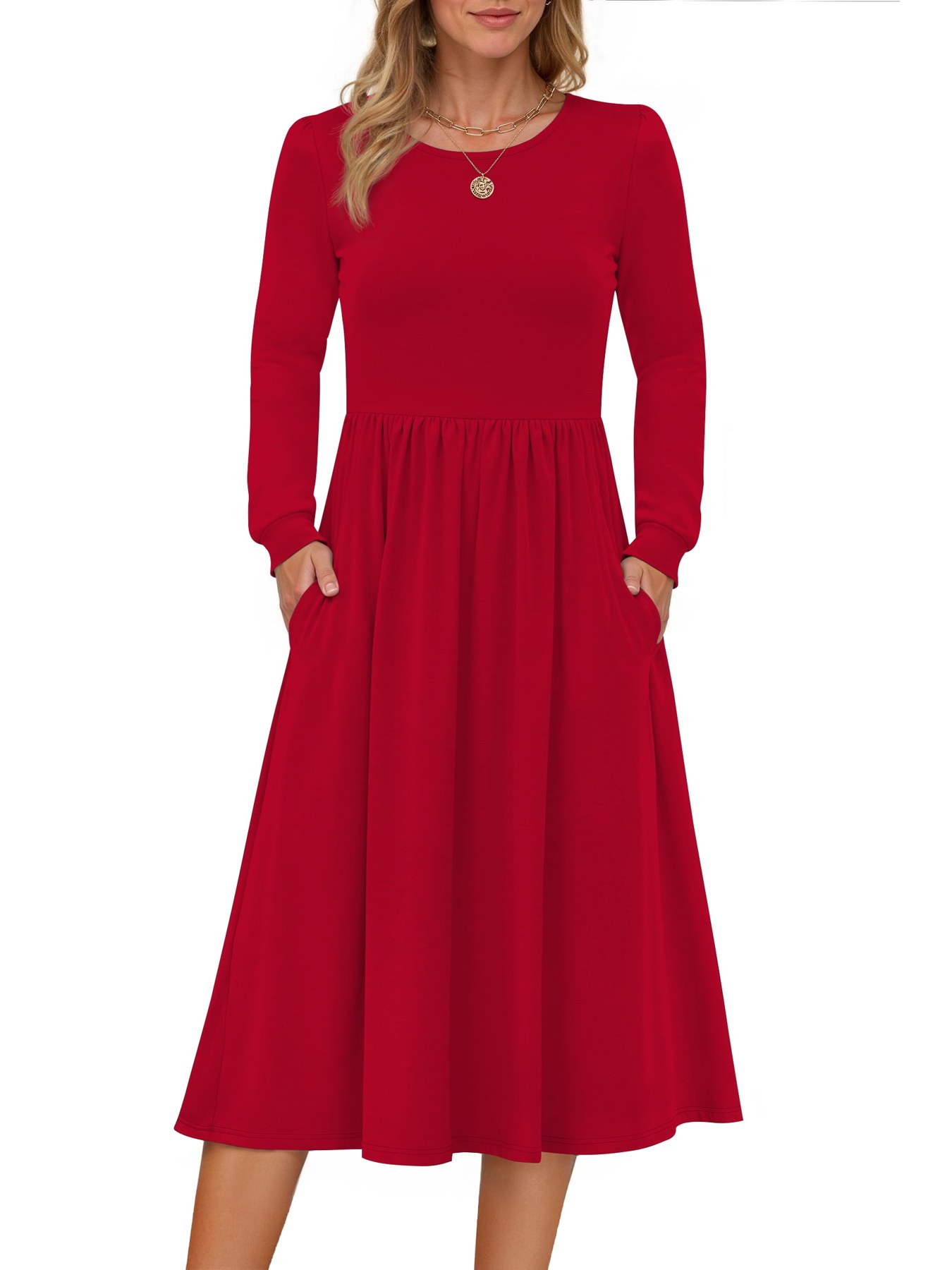 Alternative view of Horizon Picks Women's Long Puff Sleeve Empire Waist A-Line Midi Dress with Pockets