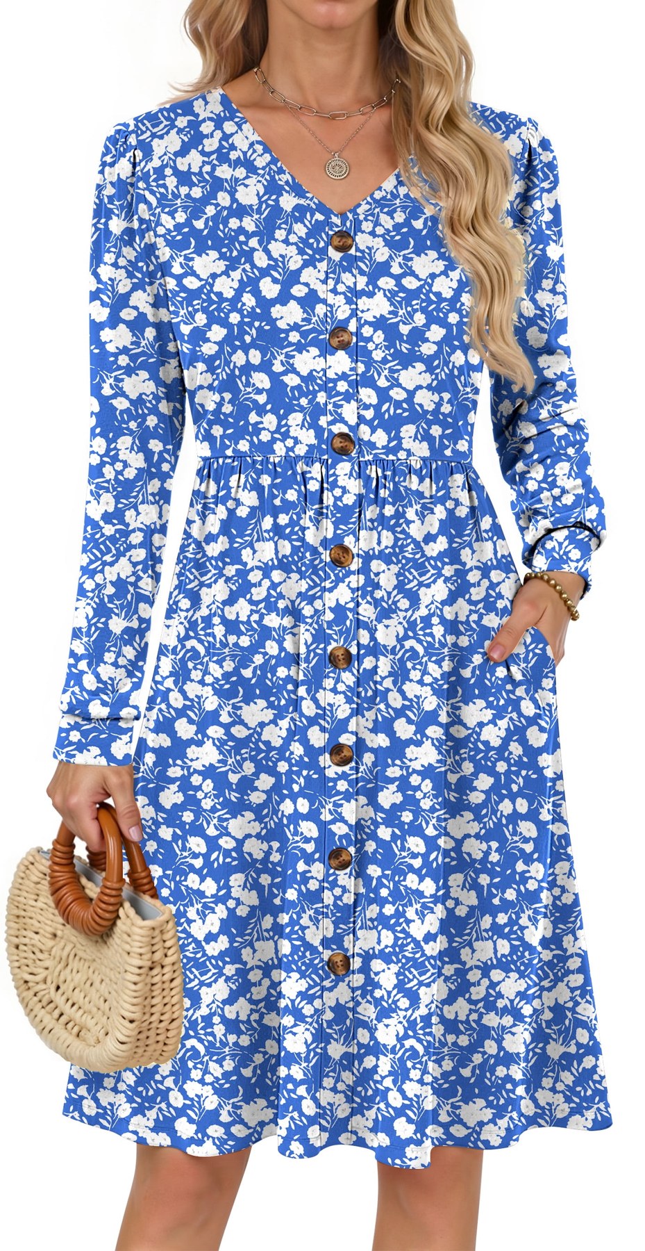 Horizon Picks Women's Long Sleeve V-Neck Midi Dress with Decorative Buttons, Elastic Waist and Pockets