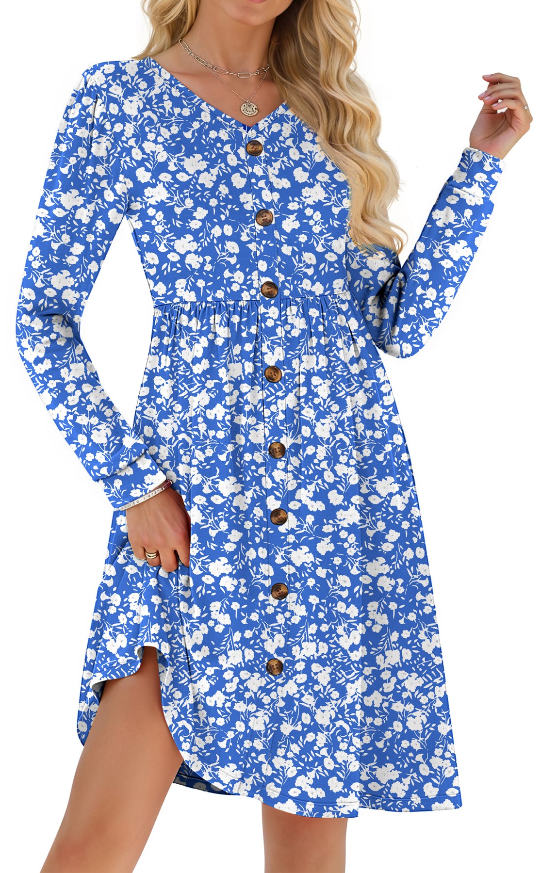 Alternative view of Horizon Picks Women's Long Sleeve V-Neck Midi Dress with Decorative Buttons, Elastic Waist and Pockets