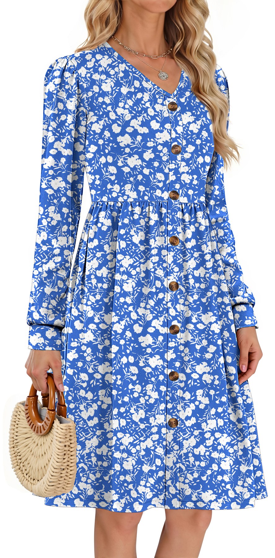 Horizon Picks Women's Long Sleeve V-Neck Midi Dress with Decorative Buttons, Elastic Waist and Pockets - Image 3