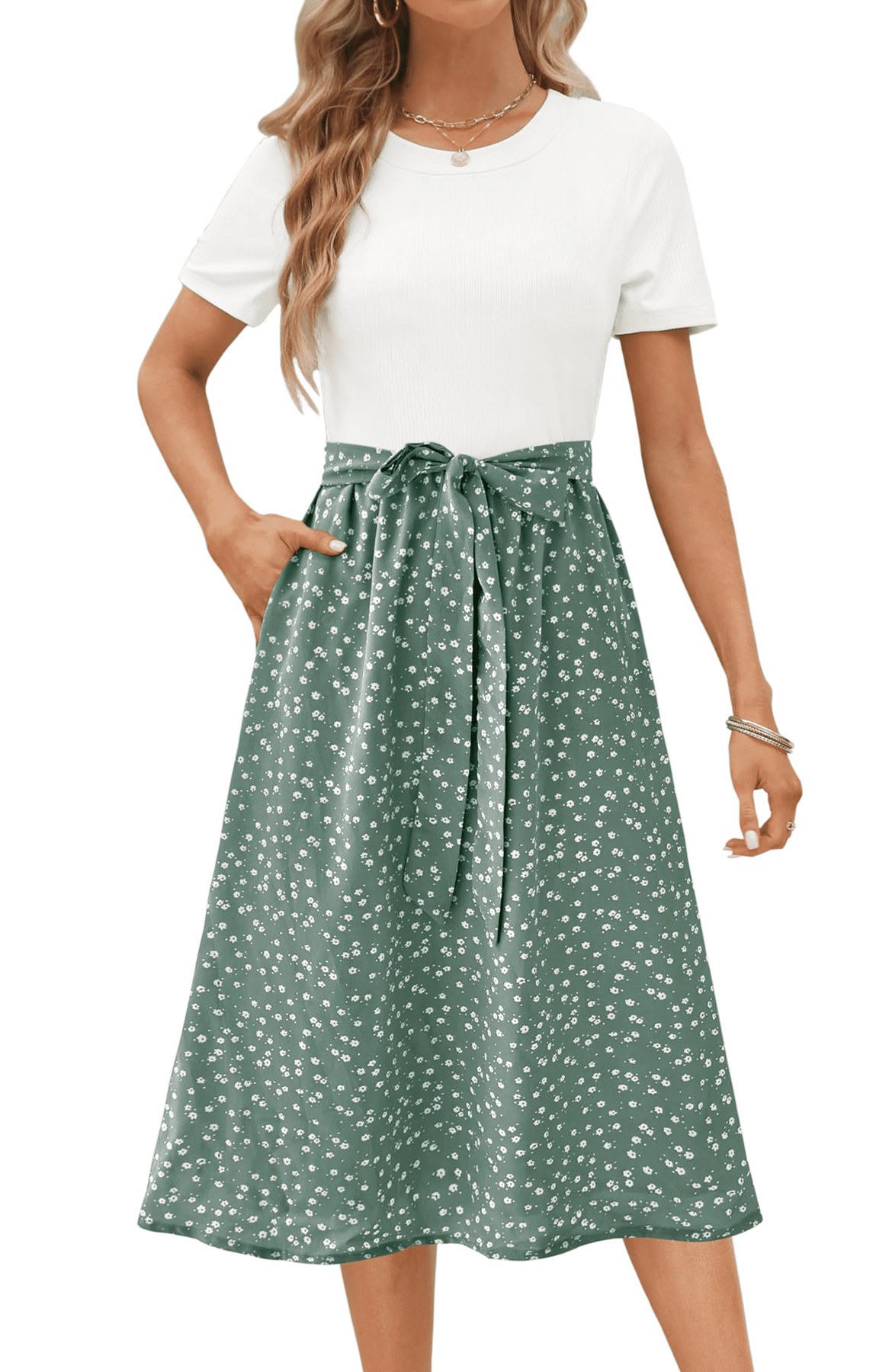 Horizon Picks Women's Ribbed Bodice High Waist A-Line Midi Dress with Printed Skirt and Pockets