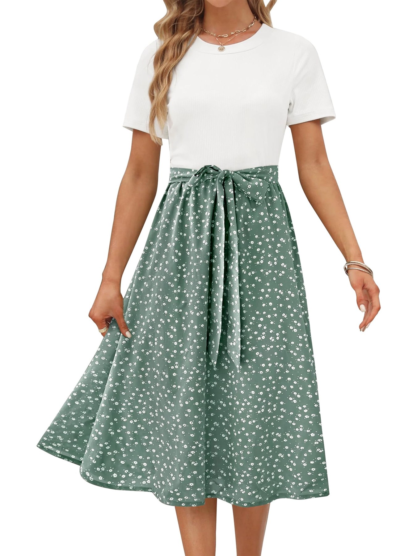 Alternative view of Horizon Picks Women's Ribbed Bodice High Waist A-Line Midi Dress with Printed Skirt and Pockets