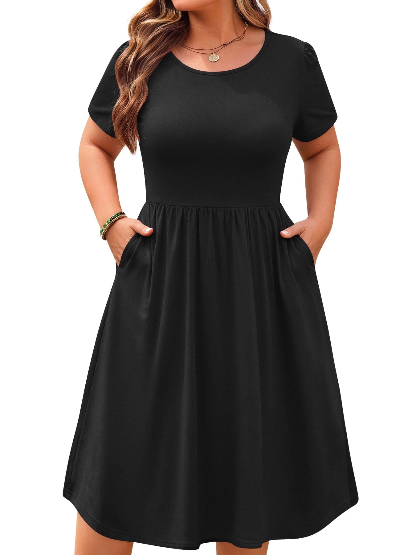 Horizon Picks Women's Plus Size Short Sleeve A-Line Midi Dress with Cinched Waist and Pockets