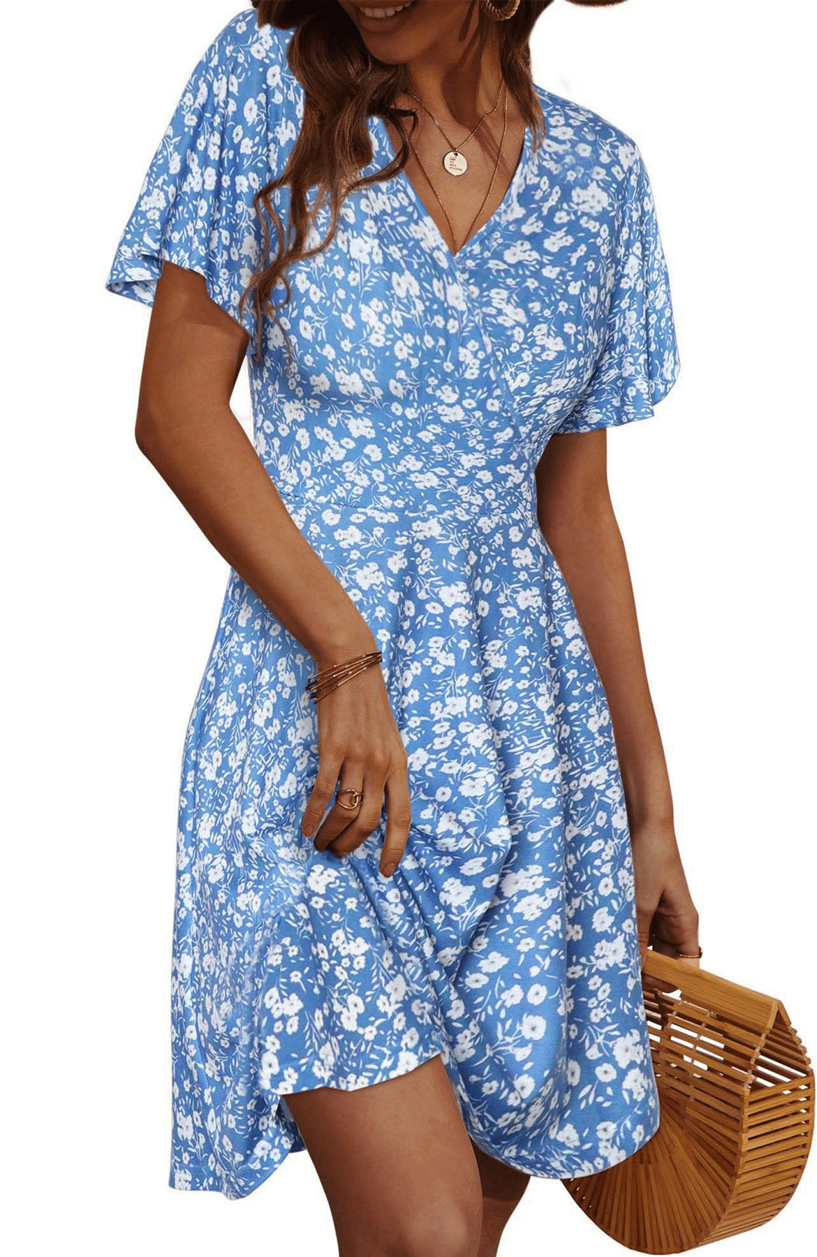 Horizon Picks Women's Wrap V-Neck Ruffle Sleeve A-Line Midi Dress, Printed Knit
