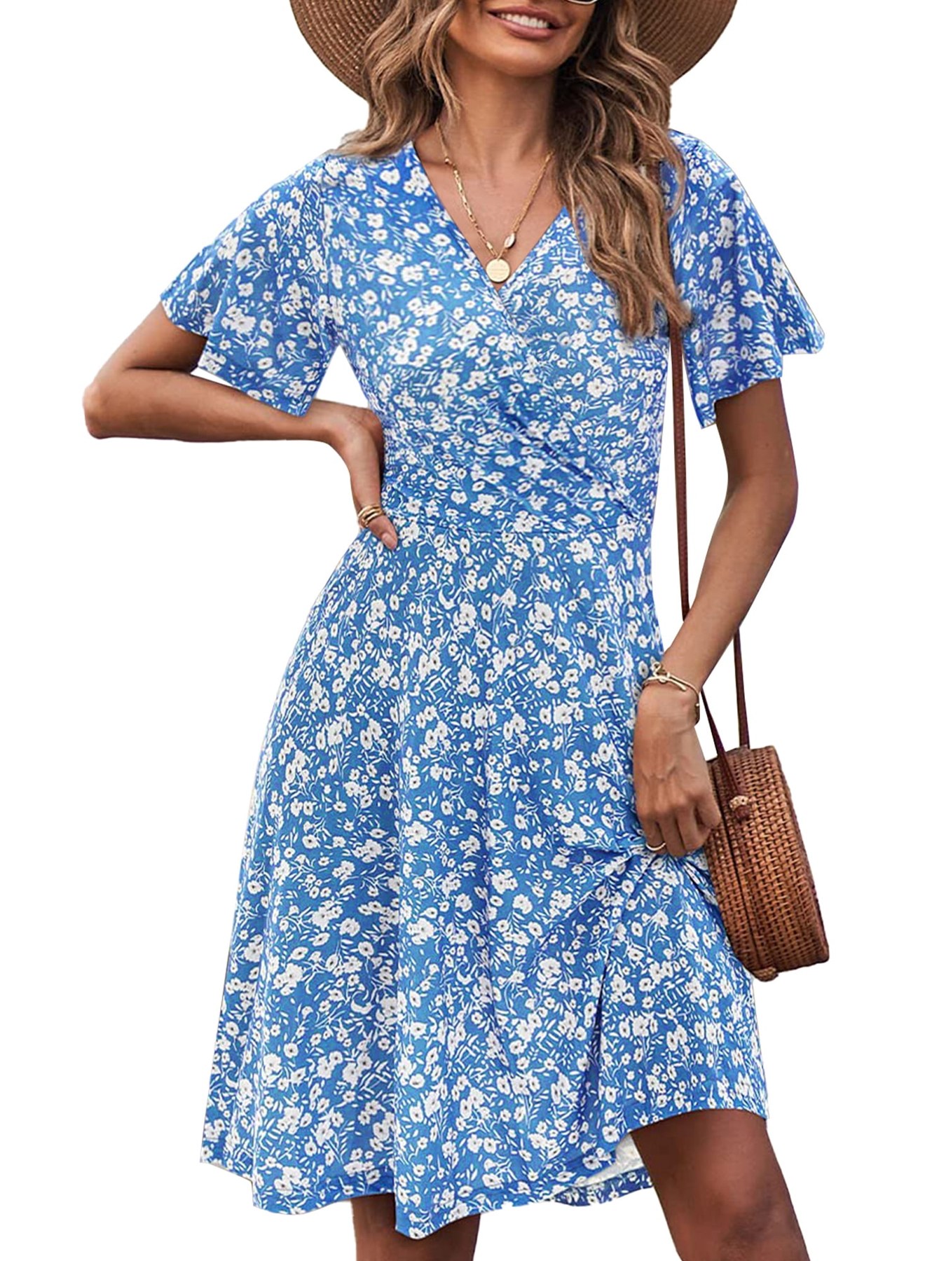 Horizon Picks Women's Wrap V-Neck Ruffle Sleeve A-Line Midi Dress, Printed Knit - Image 3